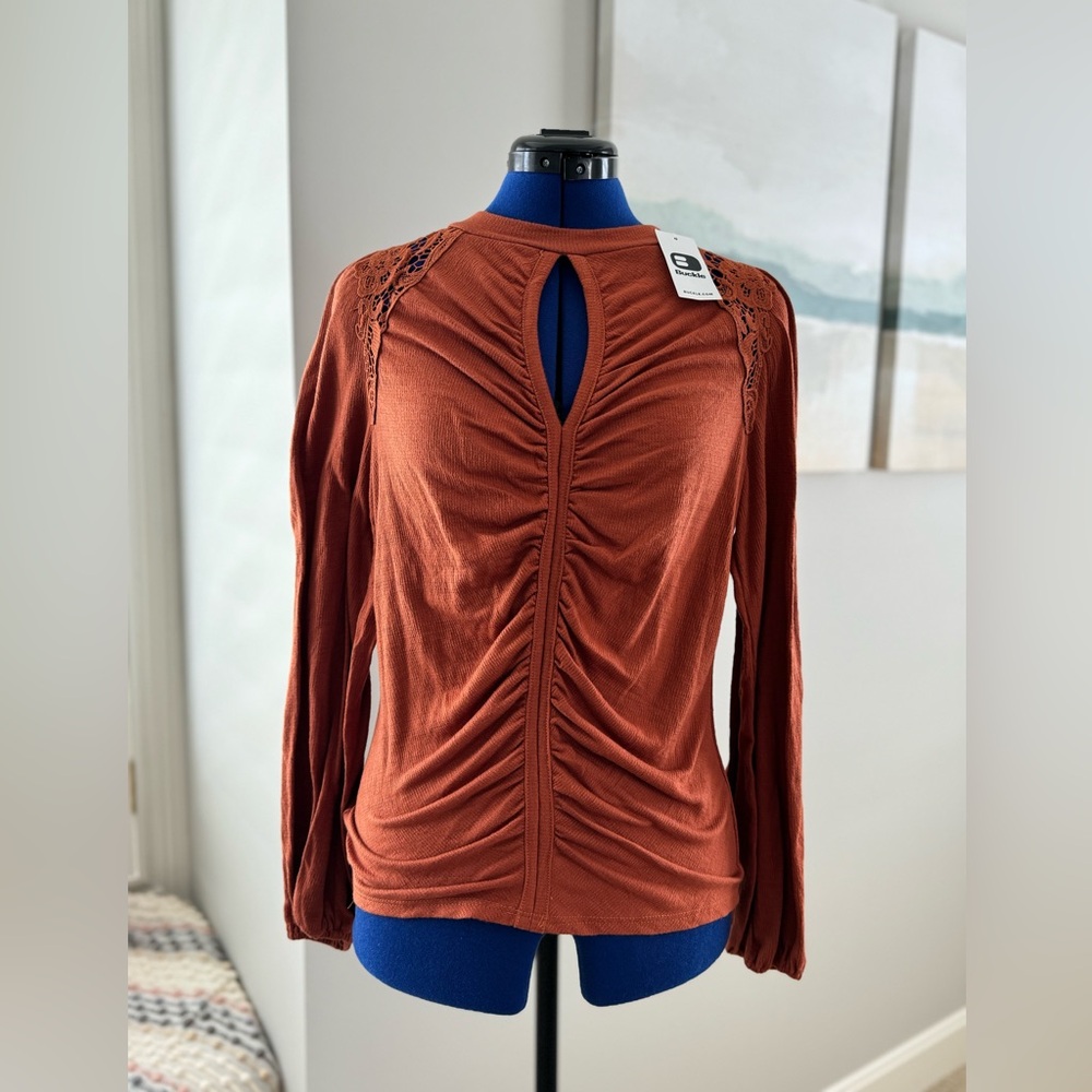 Ruched Lace Applique Top. New, never worn. Size small.